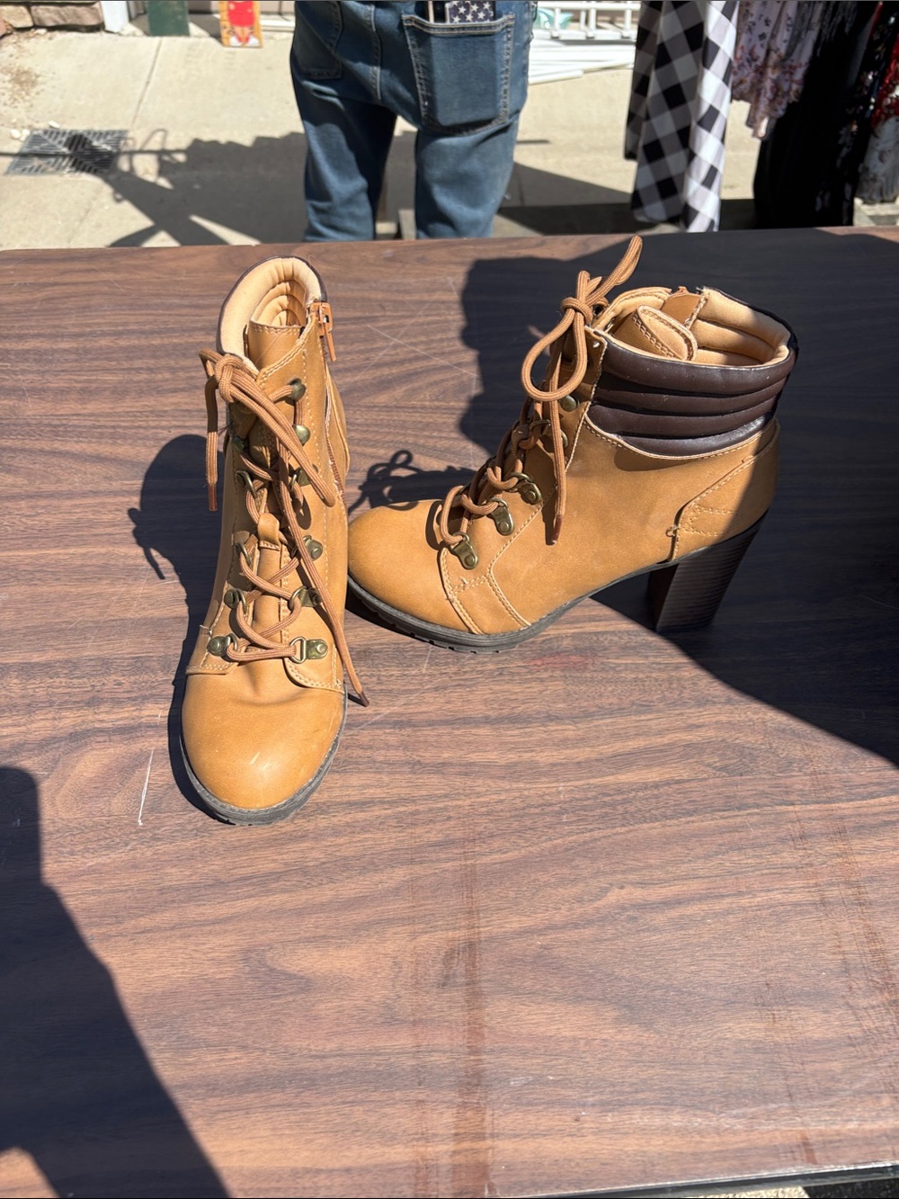 Women's Lace-Up Heeled Ankle Boots in Tan with Padded Collar